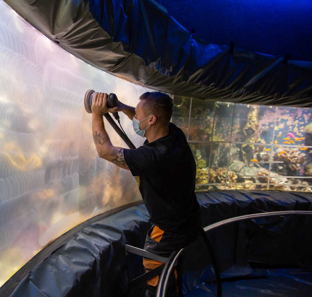 Arbeiter poliert Scheiben eines Zoo-Aquariums auf